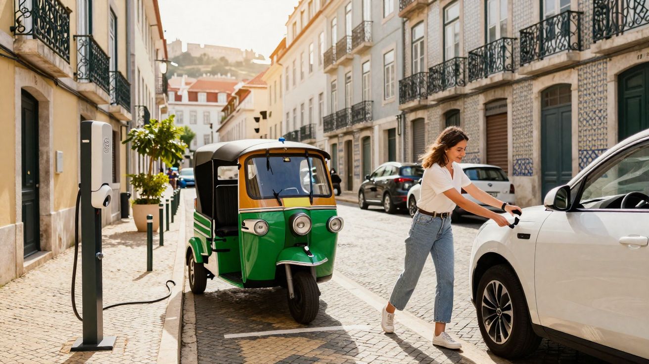 Mulher branca com roupa casual conecta carro elétrico branco em estação de recarga urbana em rua de pedra.