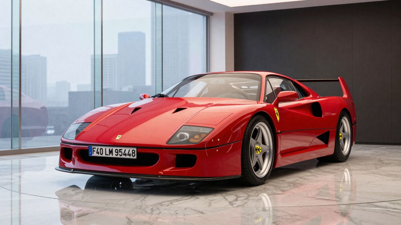 Carro esportivo Ferrari F40 vermelho estacionado em piso de mármore com paredes de vidro e vidro escuro.
