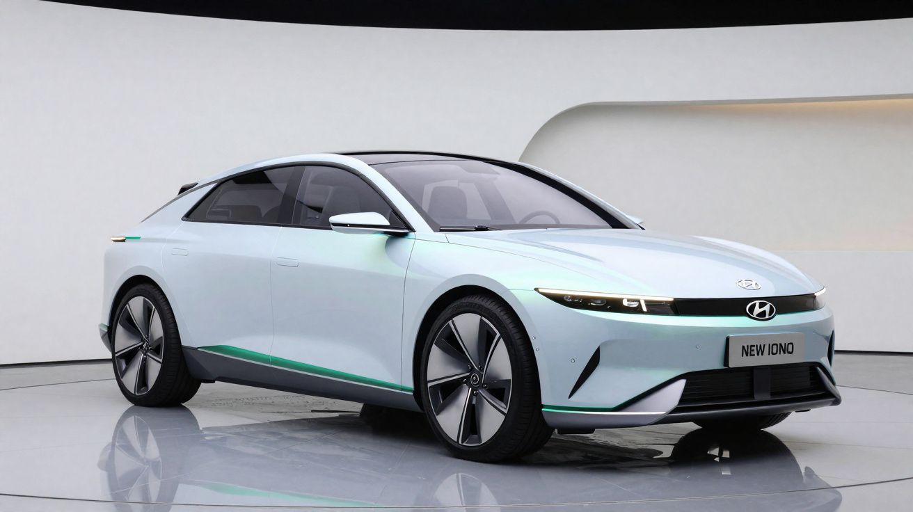 Carro elétrico Hyundai New Ioniq branco exibido em estúdio com fundo neutro.