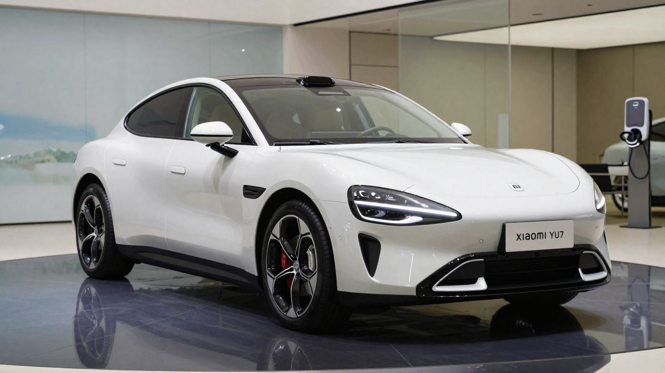 Carro elétrico branco Xiaomi YU7 exposto em showroom moderno com carregador ao fundo.