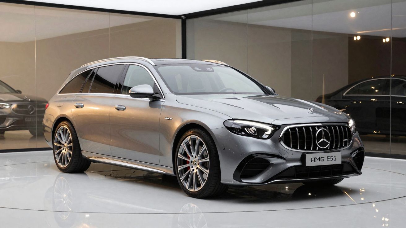 Mercedes-Benz AMG E55 cinza estacionado em showroom com paredes espelhadas.