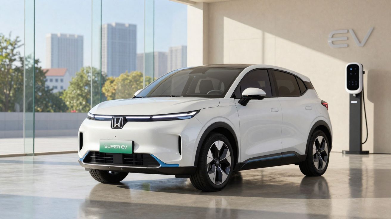 Carro elétrico branco Honda Super EV estacionado em ambiente interno moderno com carregador ao fundo.