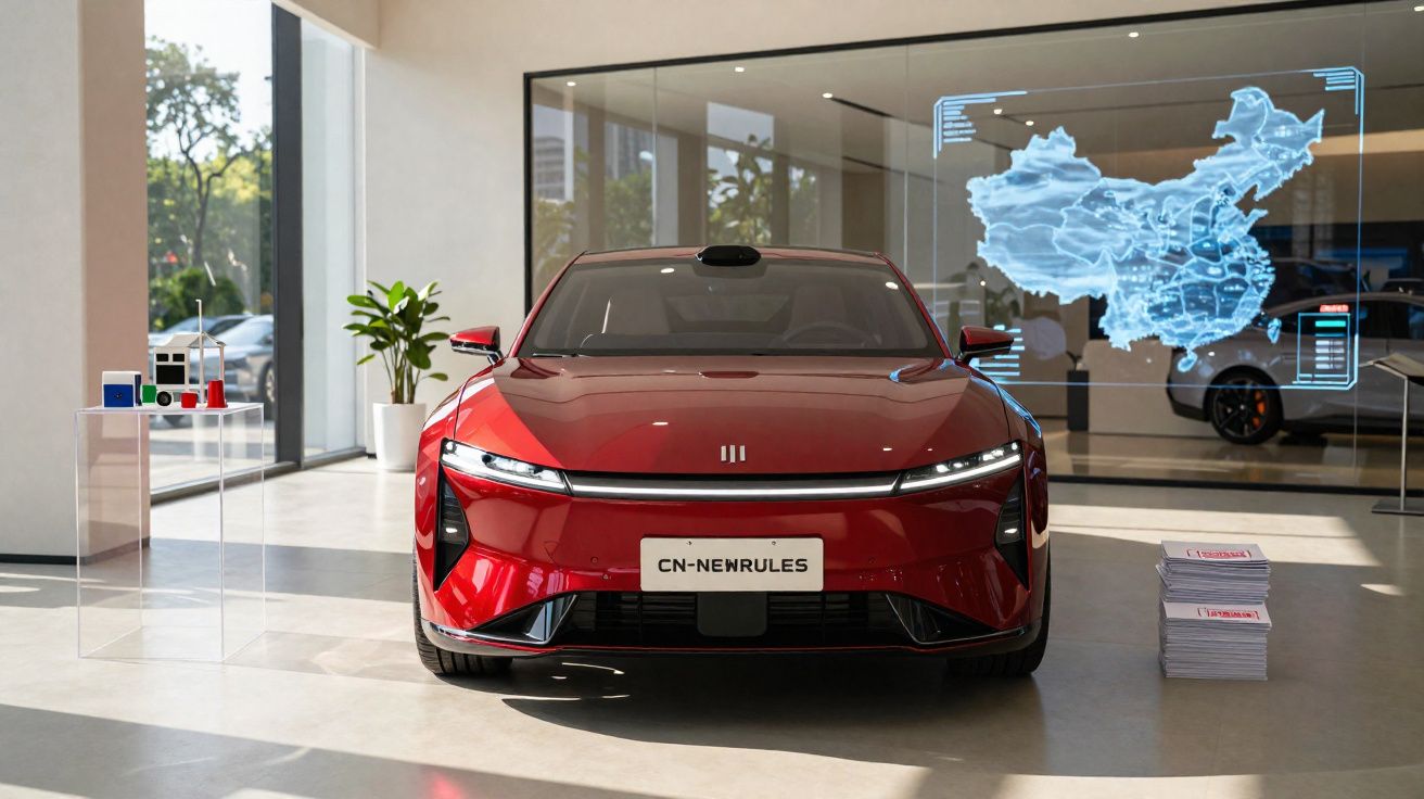 Carro elétrico vermelho exposto em showroom moderno com mapa digital da China no vidro ao fundo.