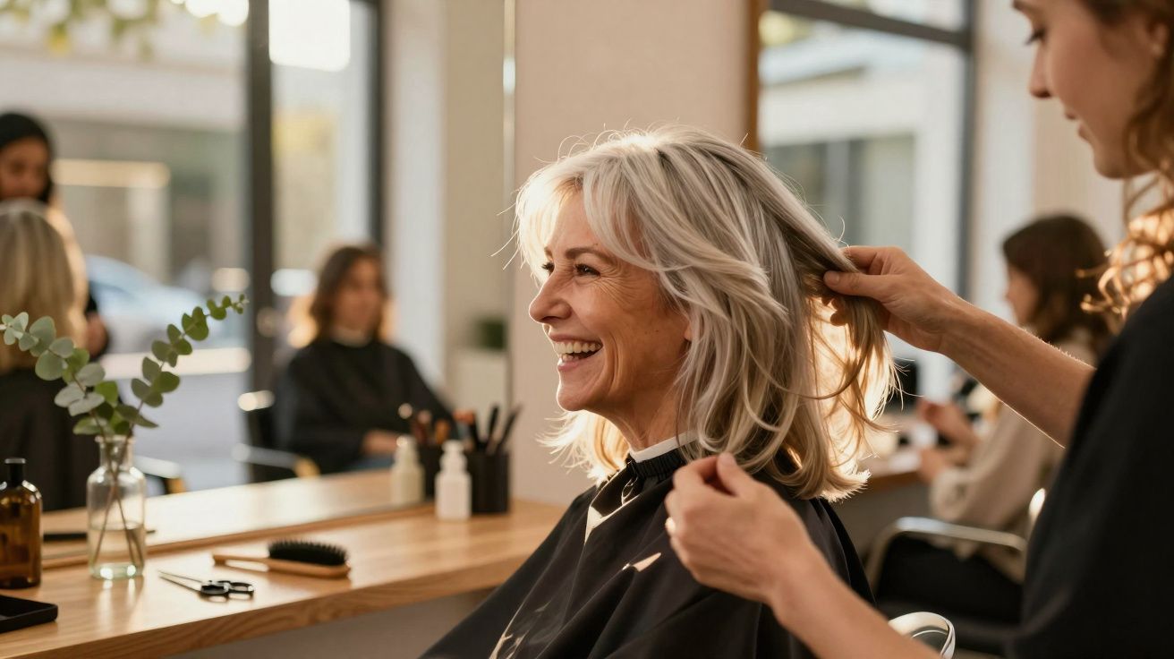 Mulher sorridente com cabelo grisalho sendo atendida por cabeleireira em salão iluminado.
