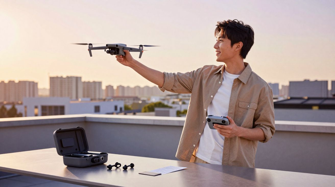 Homem sorridente segurando drone sobre mesa com controle remoto e acessórios ao nascer do sol.