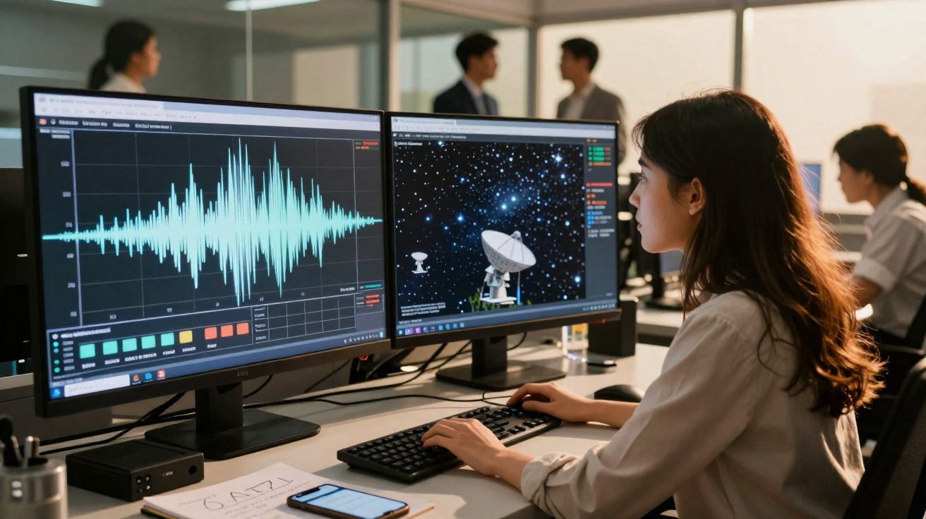 Mulher analisando dados científicos em dois monitores com gráficos e imagens de satélite em escritório moderno.