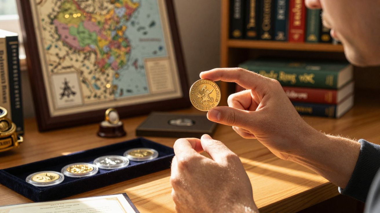 Mãos segurando uma moeda colecionável dourada sobre mesa com outras moedas e livros ao fundo.