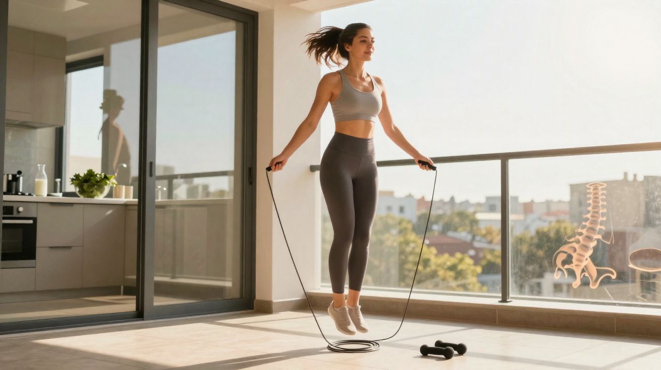 Mulher praticando salto com corda em varanda iluminada, com vista urbana ao fundo.