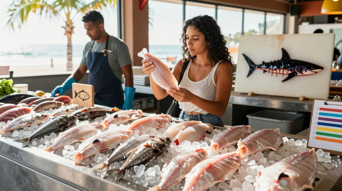 Mulher analisando peixe em peixaria com variedade de peixes frescos sobre gelo e homem ao fundo.