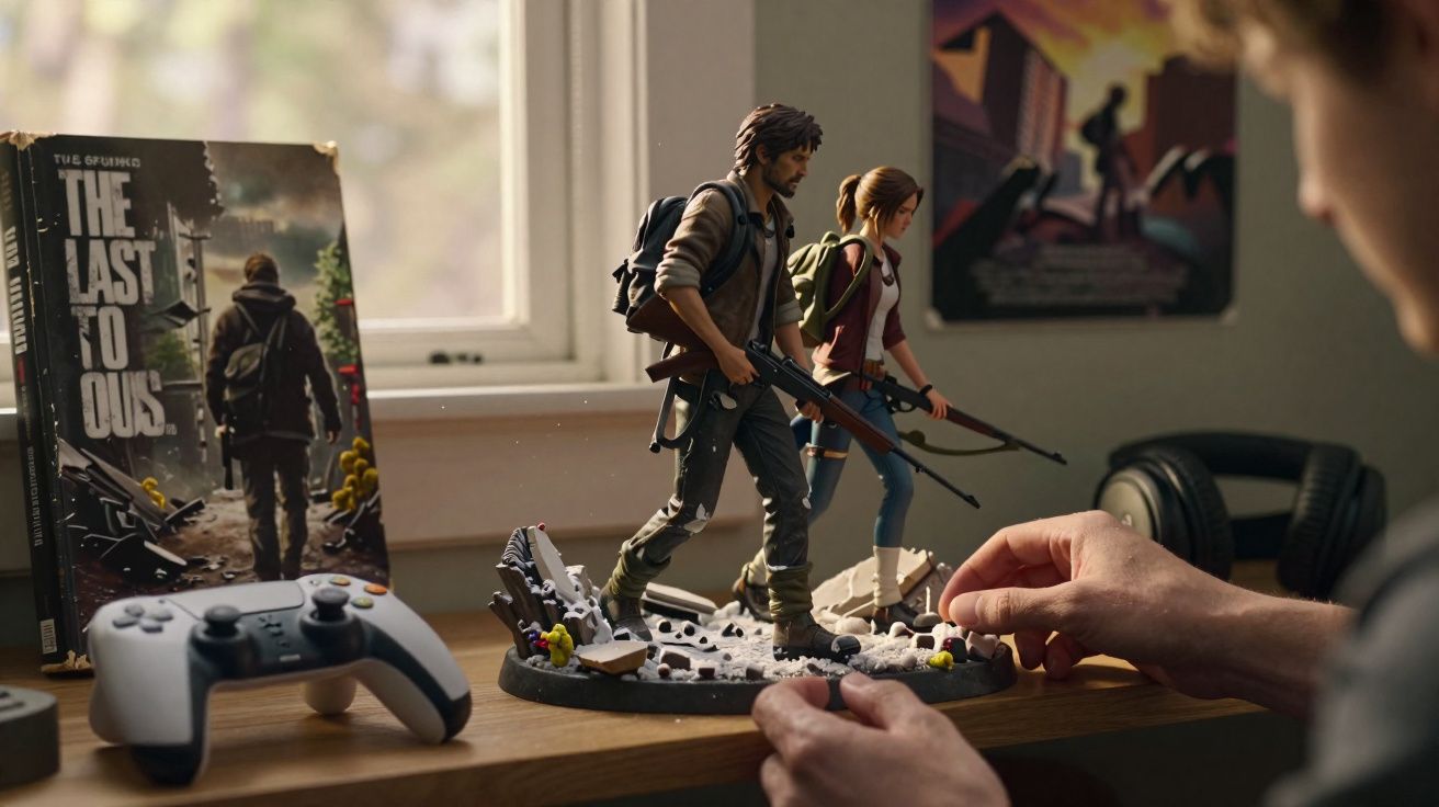 Figura de ação dos personagens de The Last of Us em mesa com controle de videogame e caixa ao fundo.