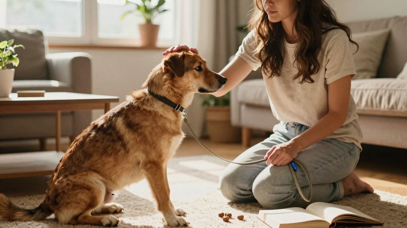 Mulher acariciando cachorro sentado em tapete, com livro aberto e petiscos no chão, em sala iluminada.