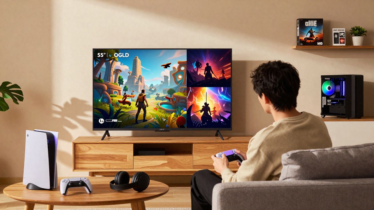 Homem sentado no sofá jogando vídeo game com console, controle e TV mostrando múltiplos jogos.