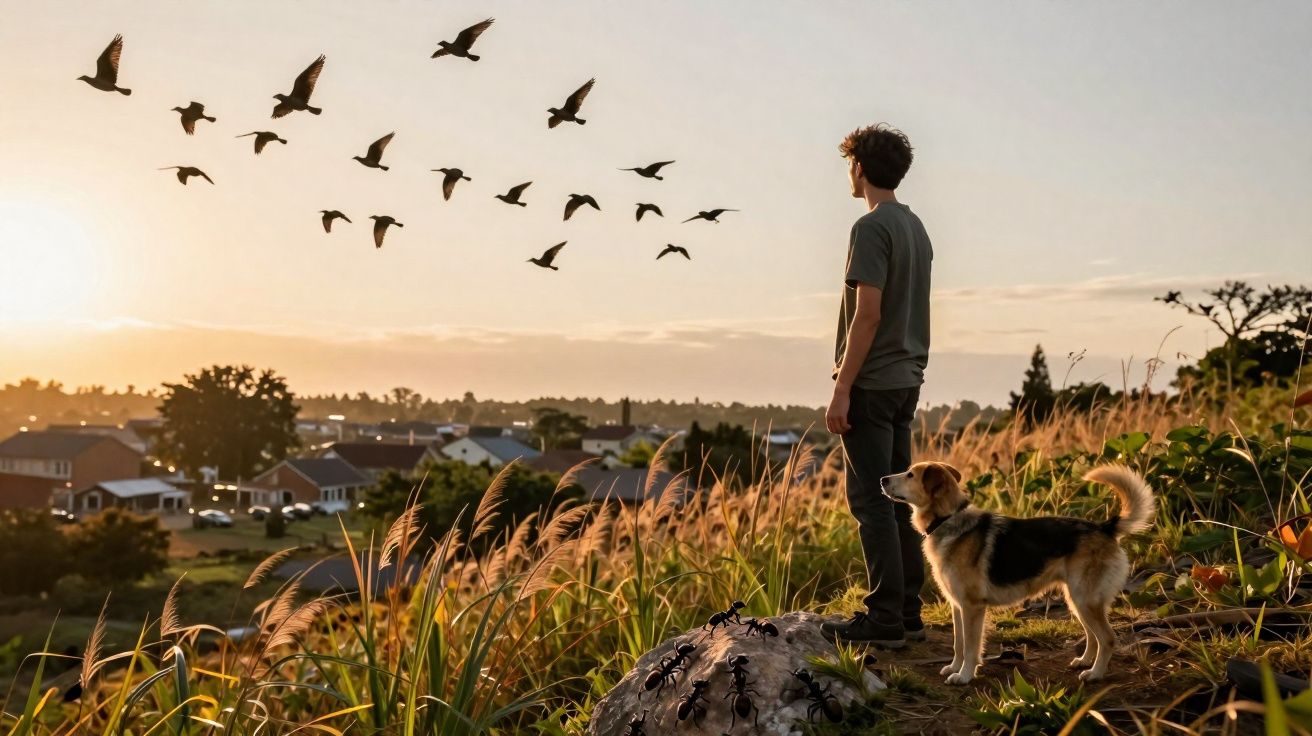 Jovem e cachorro observam pássaros voando no pôr do sol em área com vegetação e casas ao fundo.