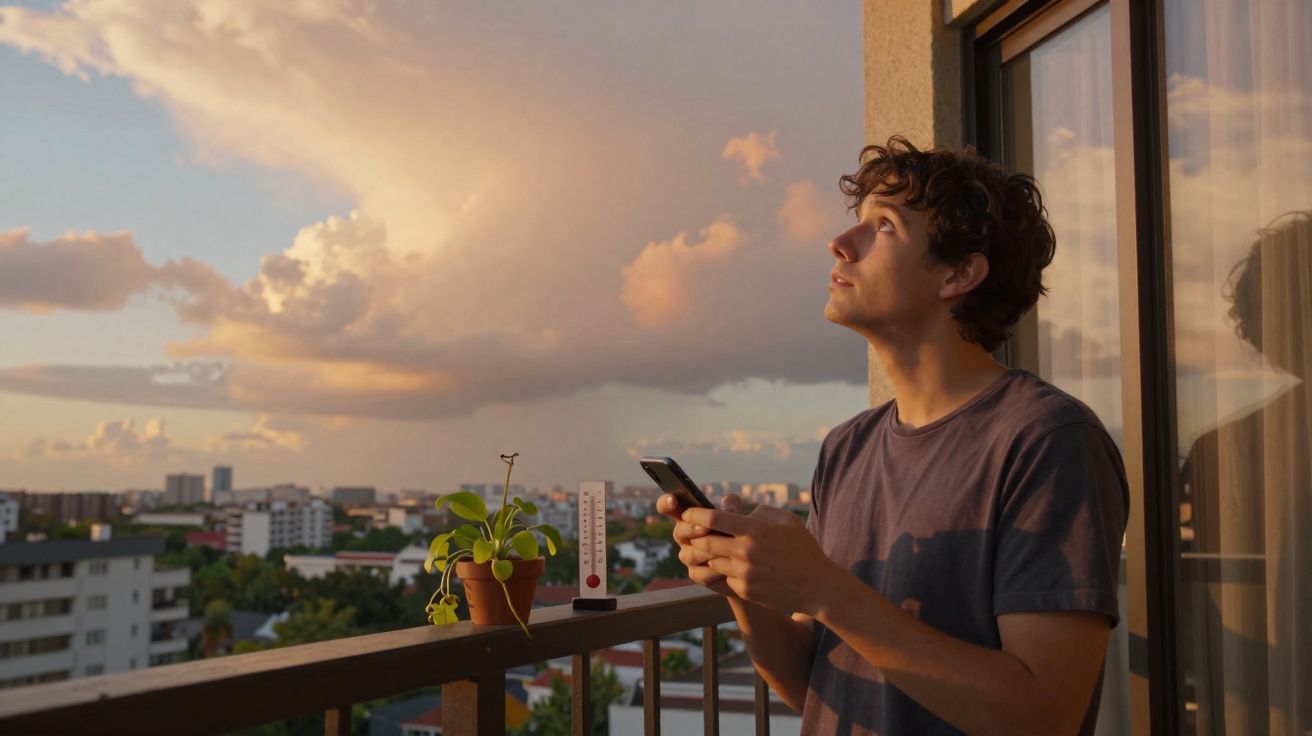 Jovem olhando para o céu ao pôr do sol na varanda, segurando um celular, com planta e termômetro no corrimão.