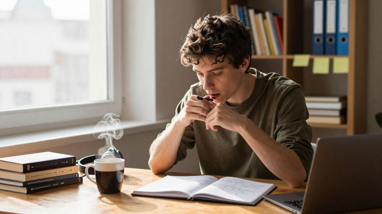 Jovem concentrado estudando com livro aberto, caneta na mão e xícara de café ao lado em mesa iluminada.