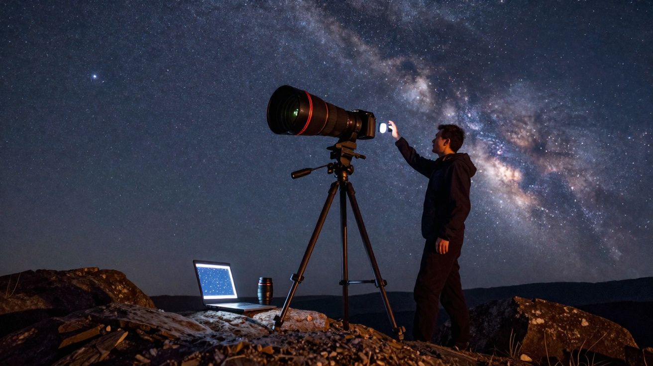 Pessoa ajusta câmera com lente grande em tripé para fotografar a Via Láctea durante a noite em área rochosa.