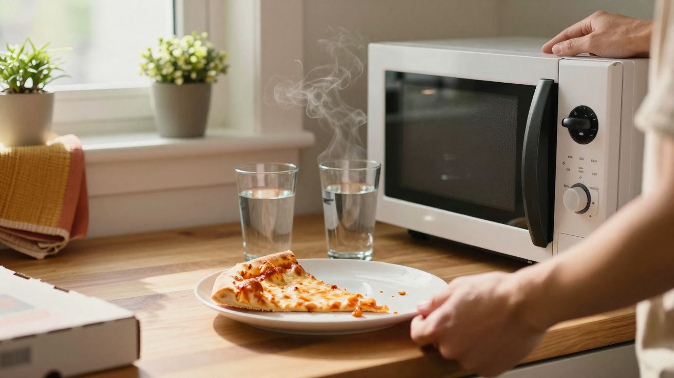Pessoa retirando pizza quente do micro-ondas em cozinha com dois copos d’água na bancada.