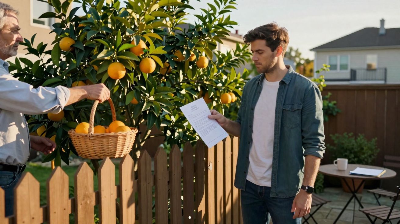 Homem lê documento ao lado de árvore de laranja enquanto outra pessoa colhe frutas em cesta no jardim.