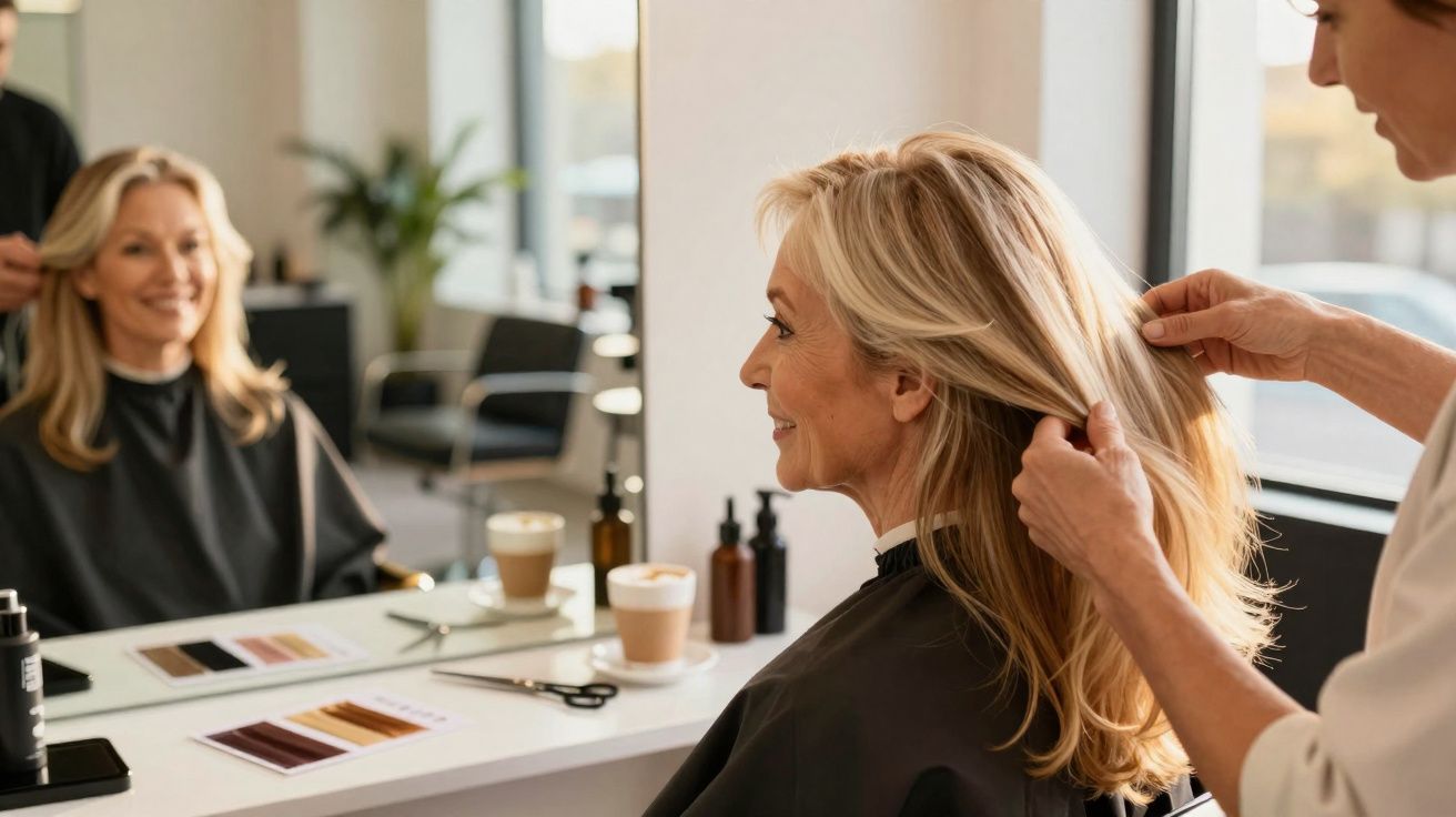 Mulher loira sorrindo ao se olhar no espelho enquanto cabeleireira arruma seu cabelo em salão.