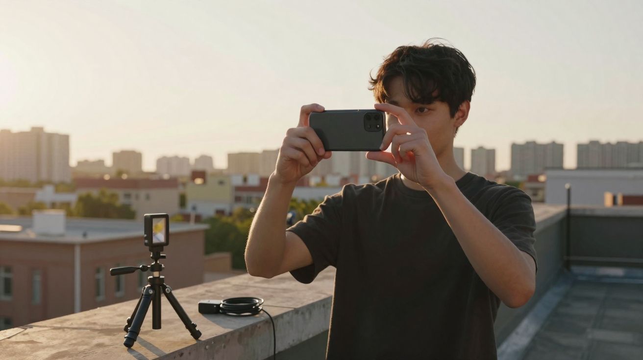 Jovem fotografa com celular no terraço ao pôr do sol, com câmera e tripé ao lado.