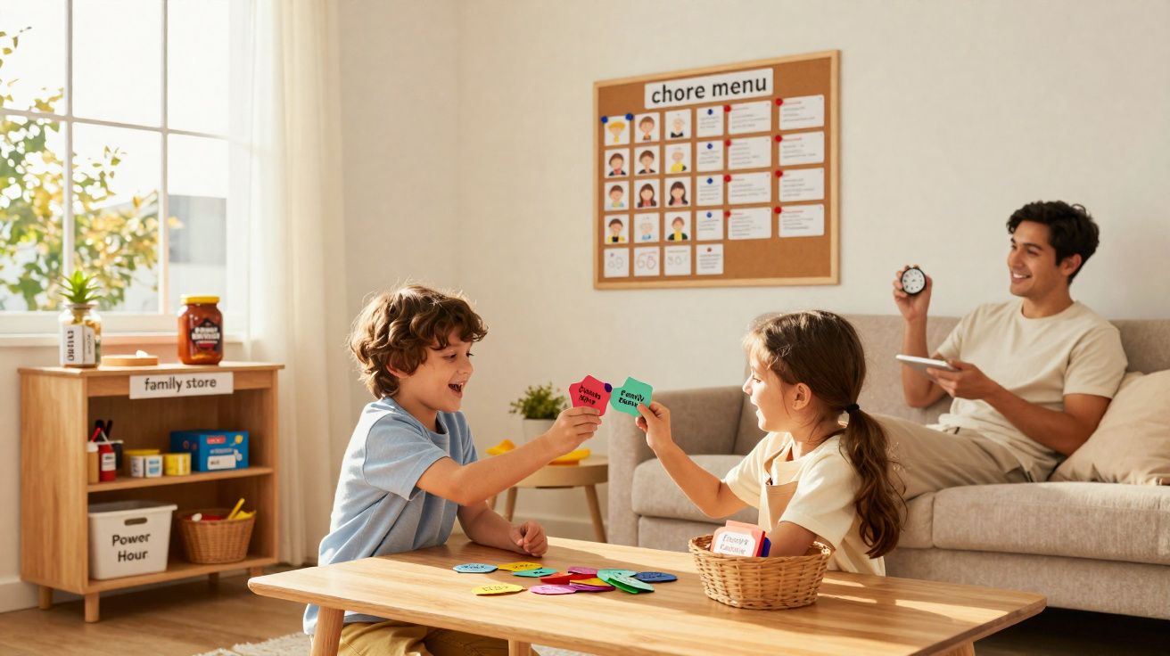 Crianças brincando com fichas coloridas enquanto adulto observa com cronômetro em sala iluminada e organizada.