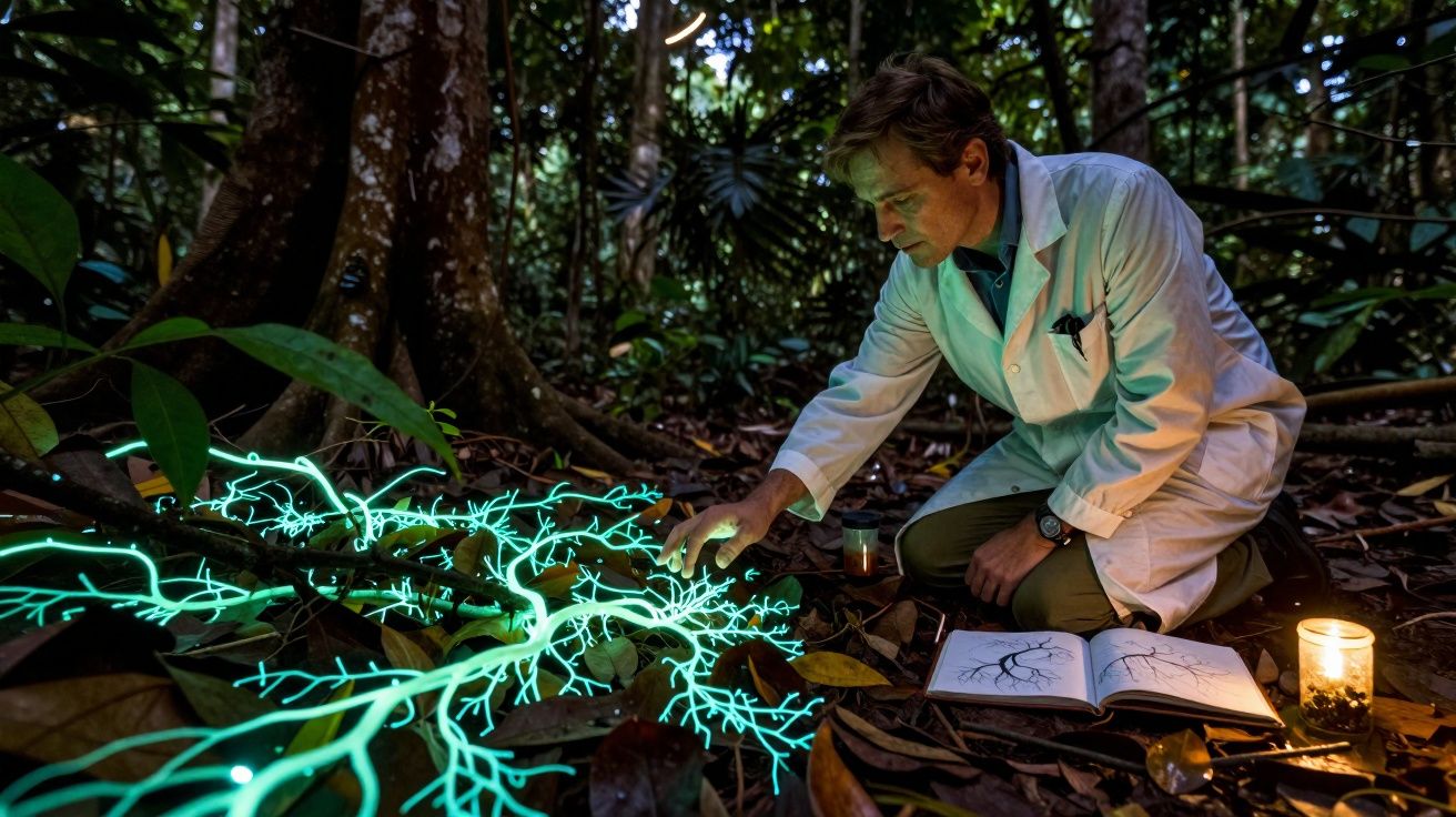 Homem com jaleco branco analisa planta que emite luz azul no chão de floresta à noite, ao lado de caderno e vela acesa.