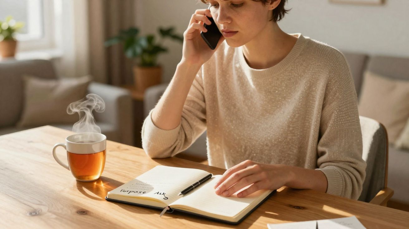 Mulher falando ao telefone enquanto escreve em caderno com xícara de chá fumegante à sua frente.
