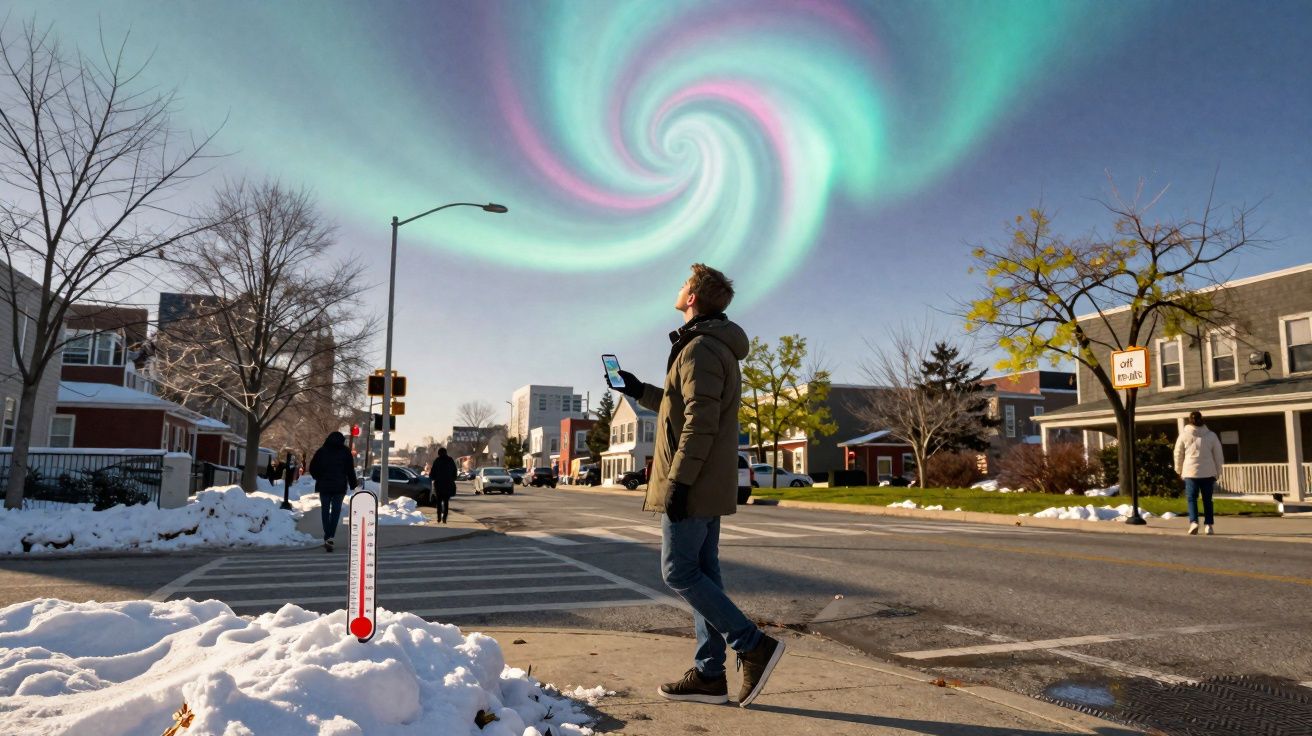 Pessoa de casaco observa redemoinho colorido no céu em rua com neve e termômetro marcando frio intenso.
