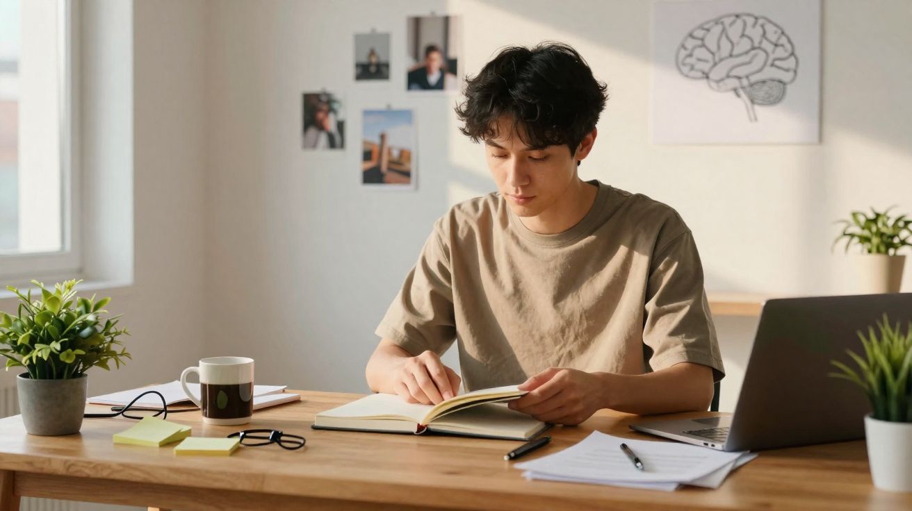 Jovem sentado à mesa lendo livro, com laptop, plantas e material de estudo em ambiente iluminado.