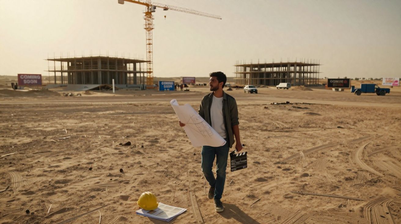 Homem com planta arquitetônica e clapper caminhando em canteiro de obras com prédios em construção ao fundo.
