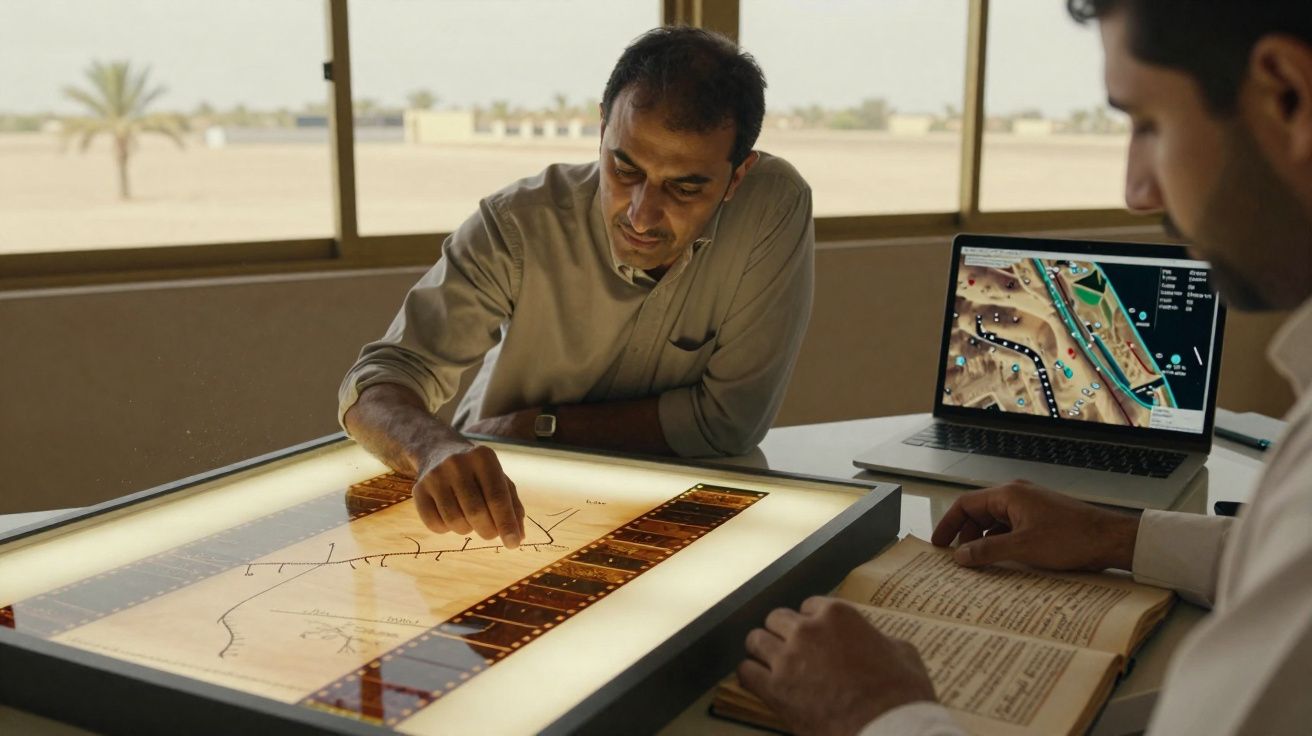 Dois homens analisam mapas e documentos em uma mesa iluminada, com laptop ao lado.