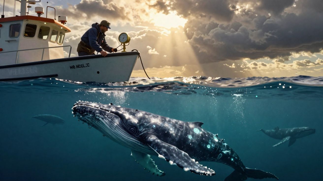 Barco com homem observa duas grandes baleias nadando próximas à superfície do mar ao pôr do sol.
