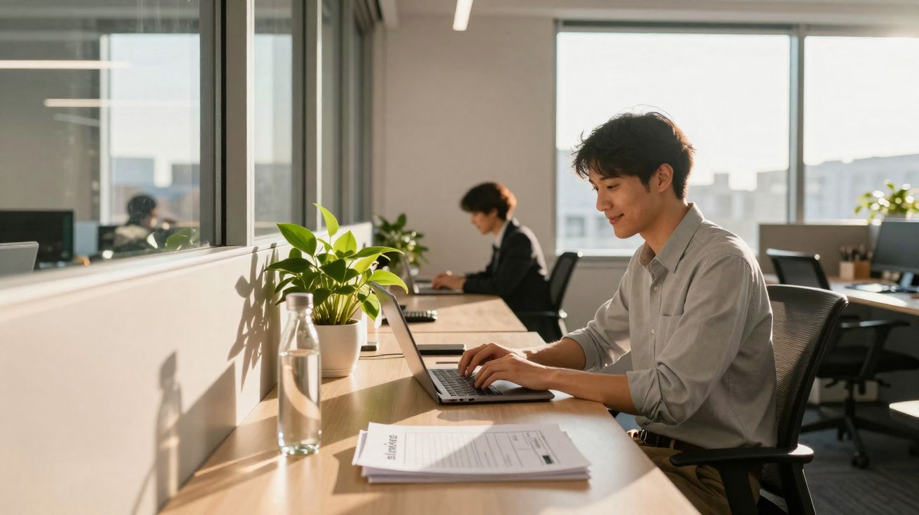 Homem trabalhando em laptop em escritório moderno com luz natural e plantas na mesa.