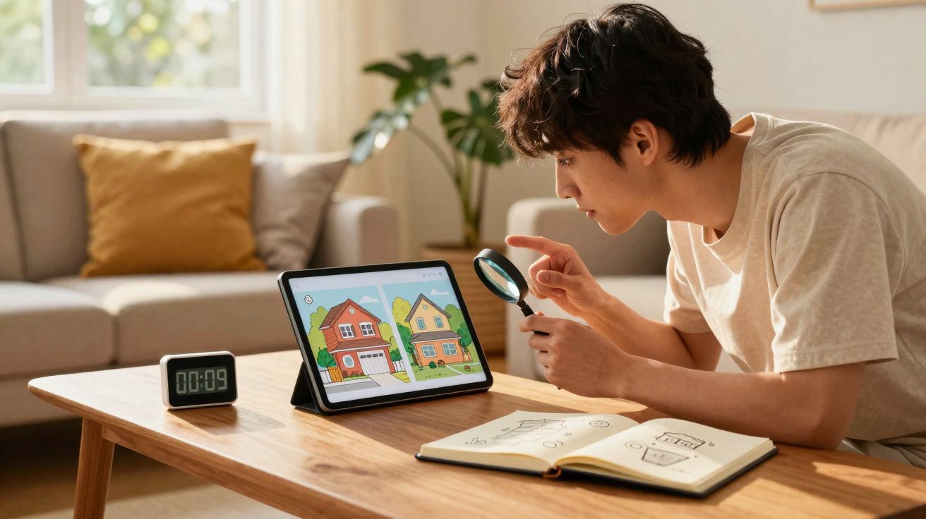 Jovem observa desenho de casas em tablet com lupa, sentado à mesa com caderno aberto ao lado.