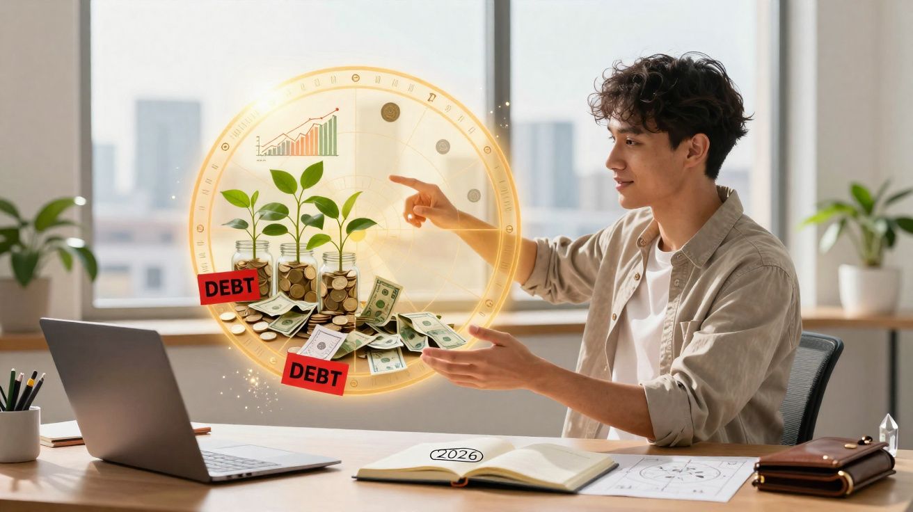 Jovem usando laptop em mesa iluminada, interagindo com gráfico digital de crescimento de dinheiro e plantas.