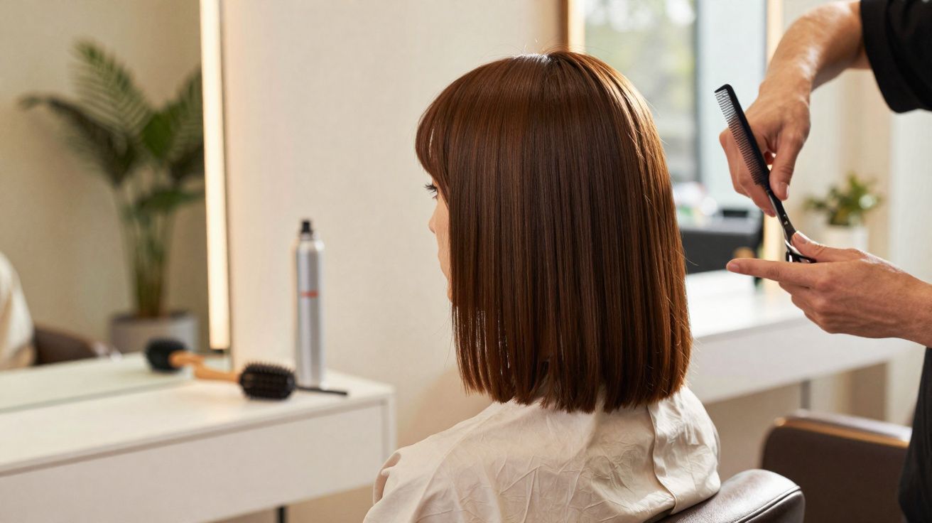 Mulher de cabelo liso castanho claro cortado na altura dos ombros em salão de beleza, vista de lado.