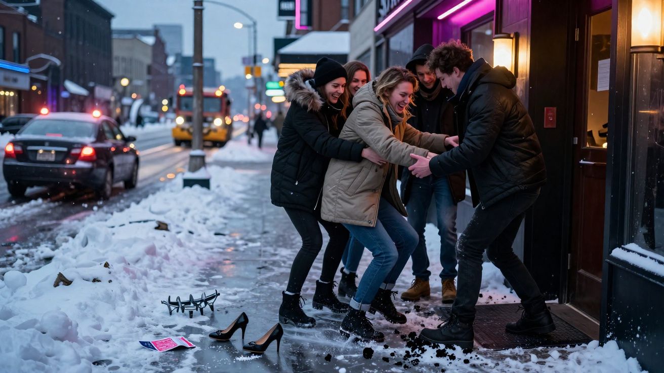Grupo de amigos ajudando mulher a se levantar em calçada escorregadia coberta de neve à noite.