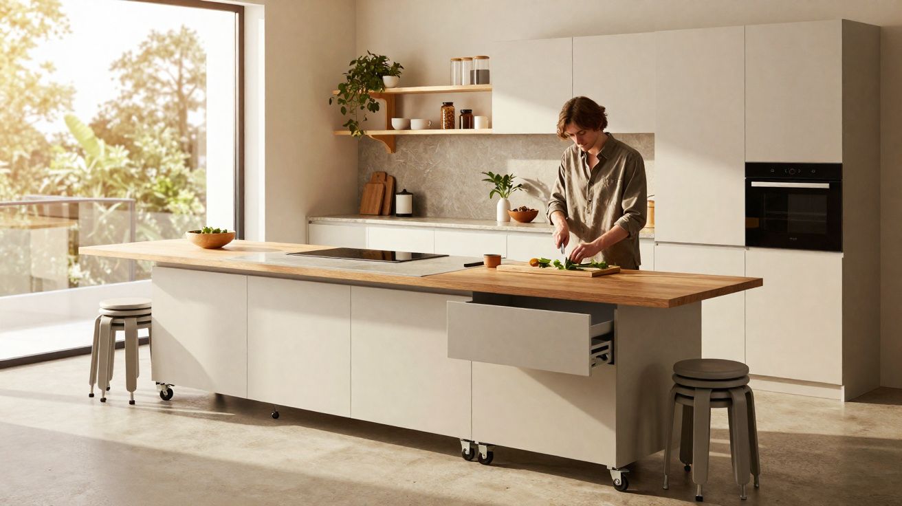 Pessoa corta alimentos em bancada de cozinha moderna com armários claros e luz natural.