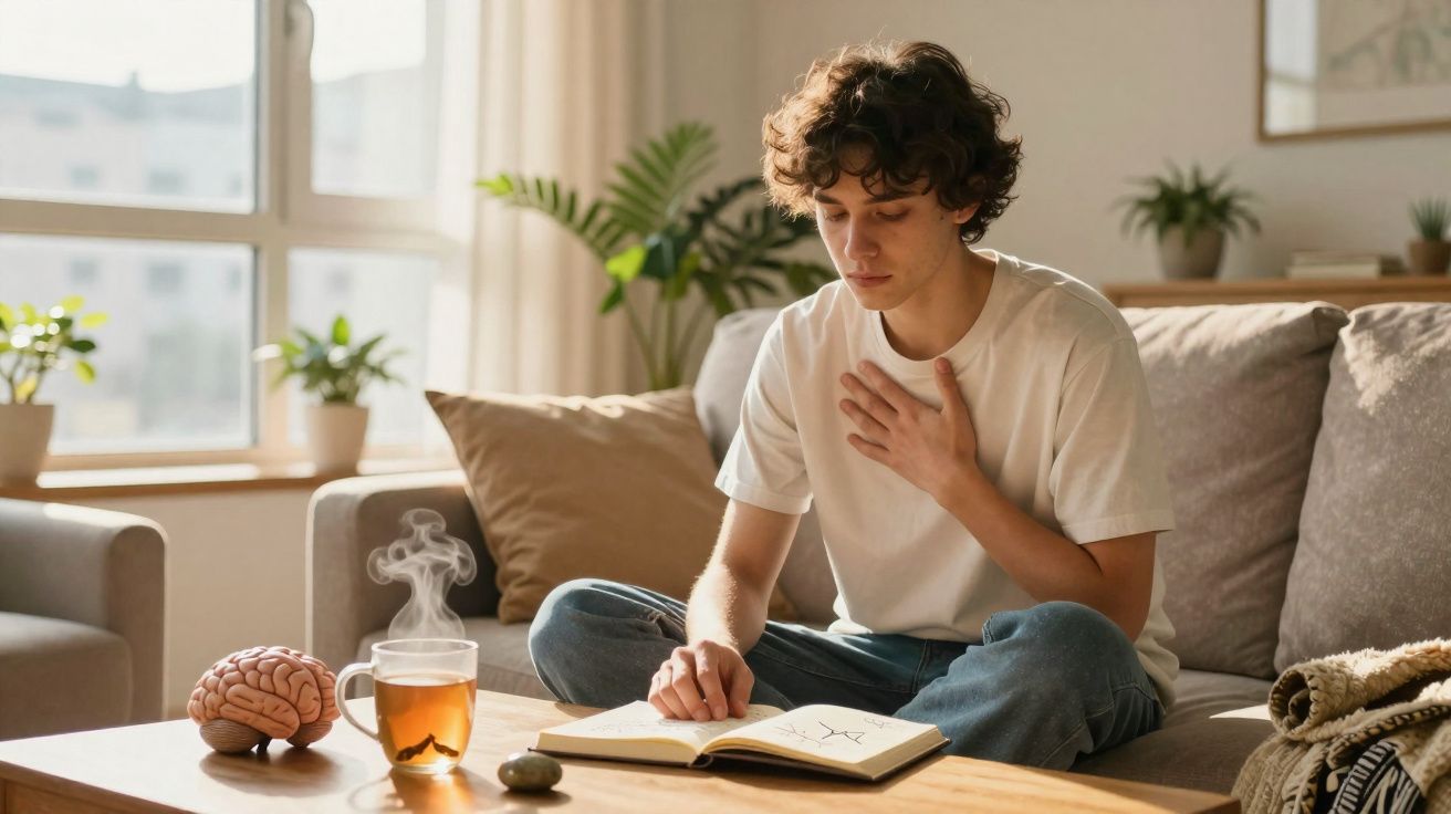 Jovem sentado no sofá lendo um livro sobre o cérebro, com uma xícara de chá quente à sua frente.