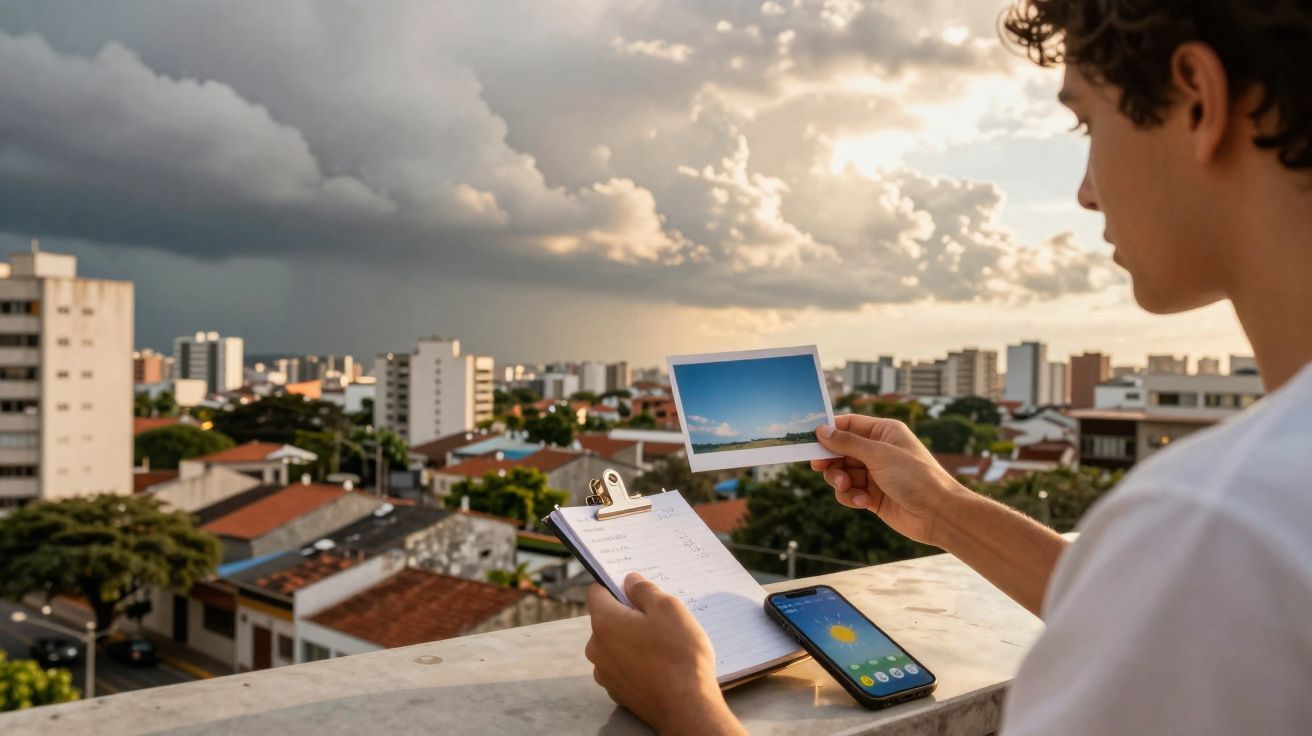 Jovem segurando foto e anotando com celular ao lado, com vista para cidade e céu nublado ao fundo.