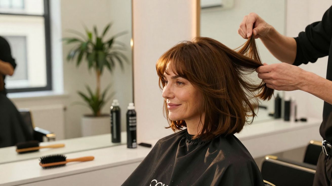 Mulher sorrindo enquanto profissional arruma o cabelo em salão moderno e bem iluminado.