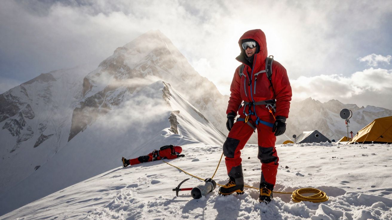 Dois alpinistas com equipamentos vermelhos em acampamento na neve com montanha ao fundo e céu nublado.