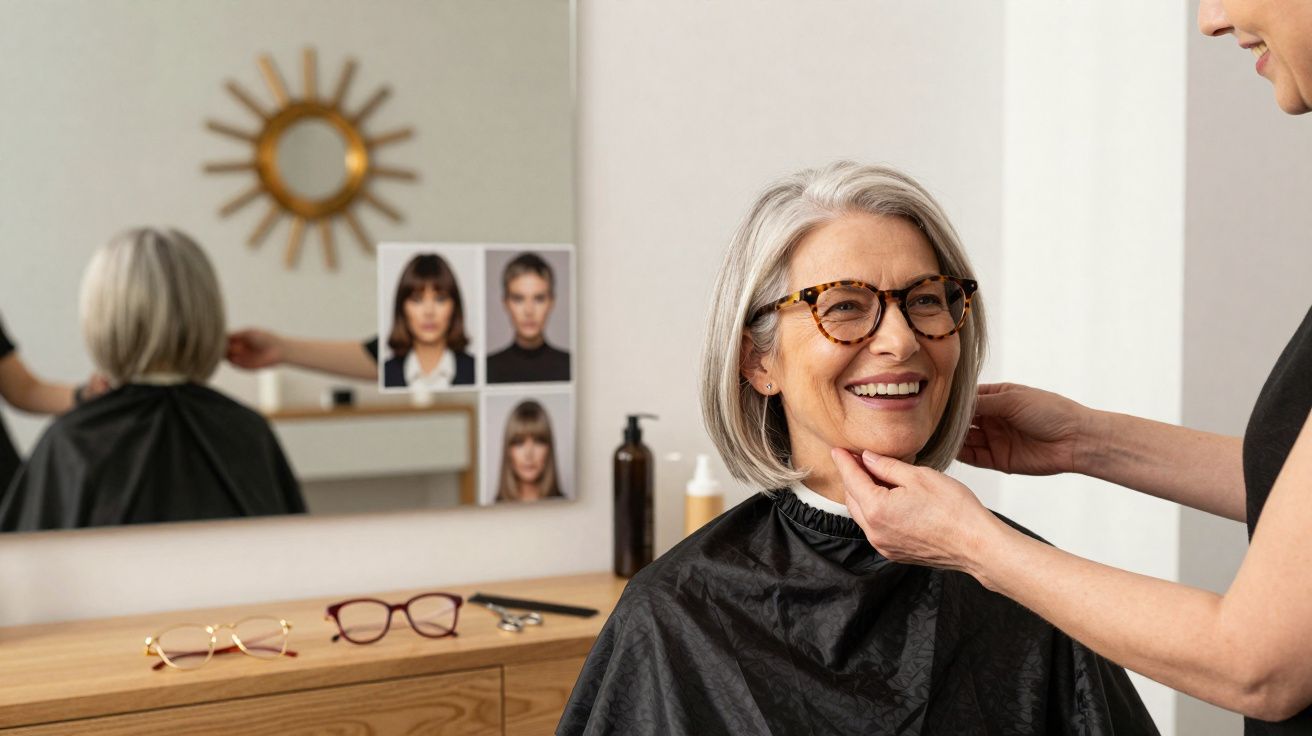 Mulher idosa com cabelo grisalho e óculos sorrindo em salão de beleza enquanto cabeleireira ajeita seu rosto.
