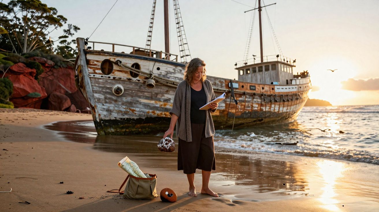 Mulher lendo livro descalça na praia ao entardecer com barco antigo encalhado ao fundo.