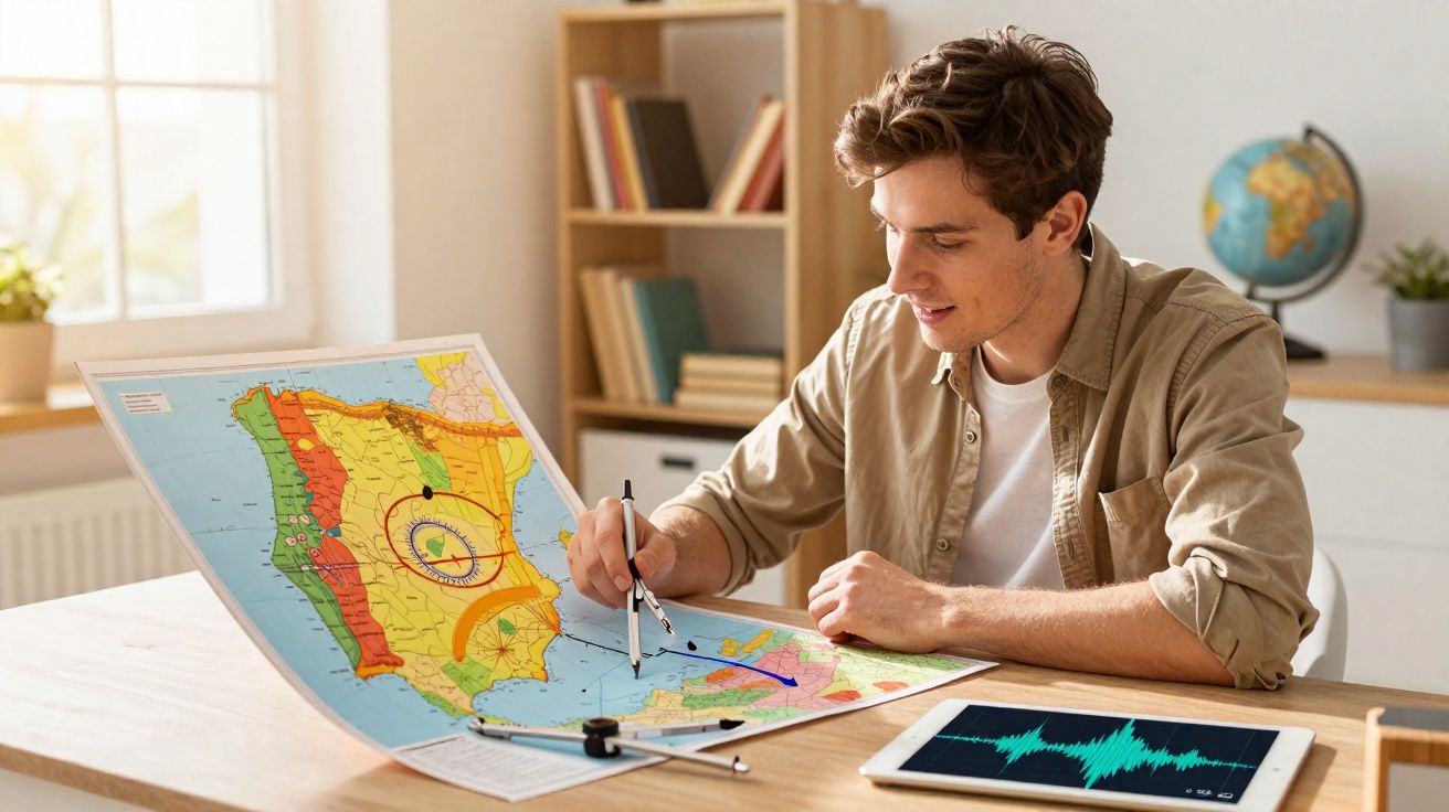 Jovem analisando mapa tectônico com compasso e tablet em mesa com globo e estante ao fundo.