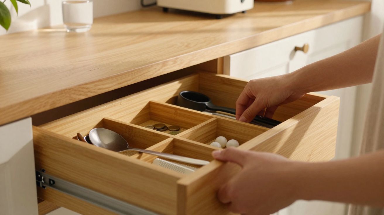 Mãos organizando utensílios e moedas em gaveta de madeira com divisórias em cozinha clara.