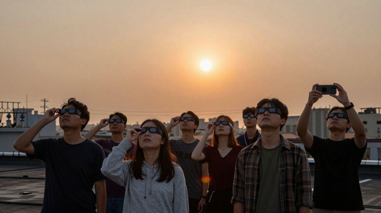 Grupo de pessoas usando óculos especiais para observar um eclipse solar ao pôr do sol.