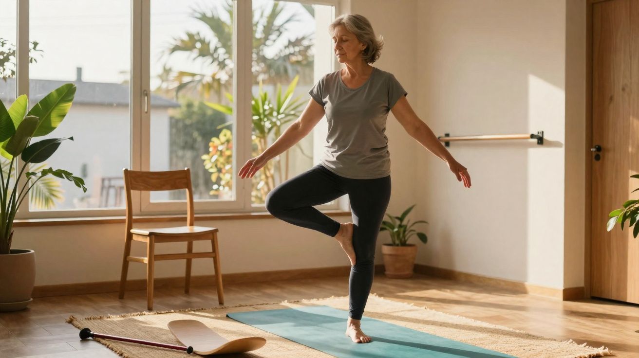 Mulher praticando yoga em pose de equilíbrio em casa, em um ambiente iluminado e com plantas.