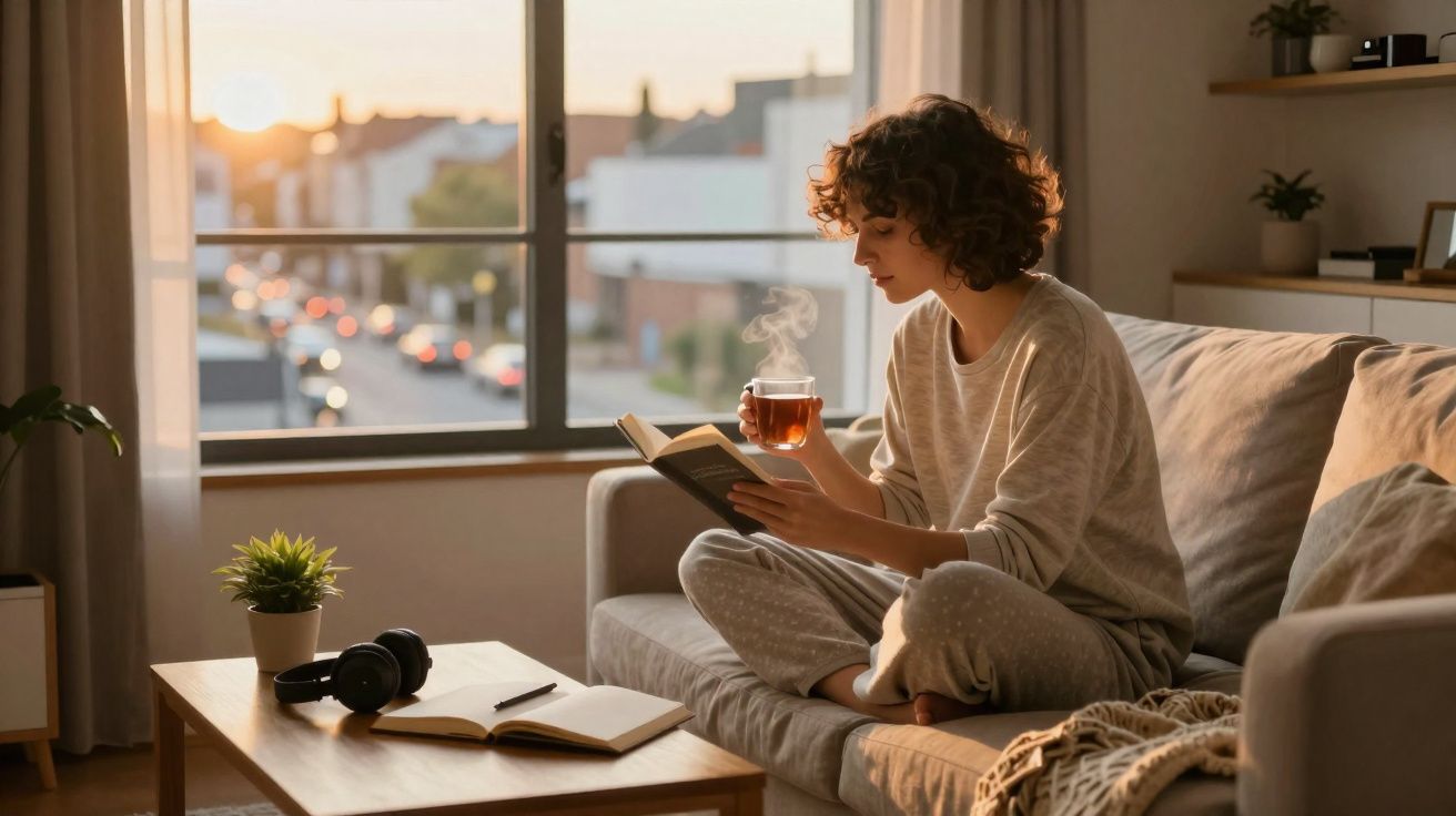 Pessoa sentada no sofá lendo um livro e segurando uma xícara de chá em ambiente acolhedor ao entardecer.