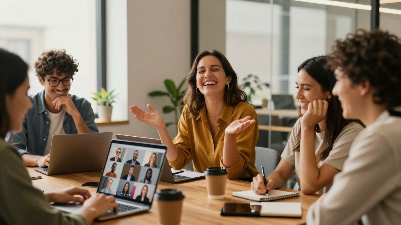 Grupo diversificado de pessoas em reunião, com laptop mostrando videoconferência, sorrindo e interagindo.